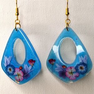 Floral blue drop dangle Earrings, handmade, hypoallergenic